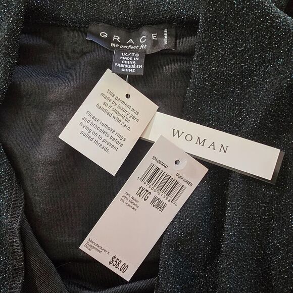 Grace Sweater Women's 1X Cowl Neck Long Sleeve Dark Green Metallic NWT - Picture 5 of 8